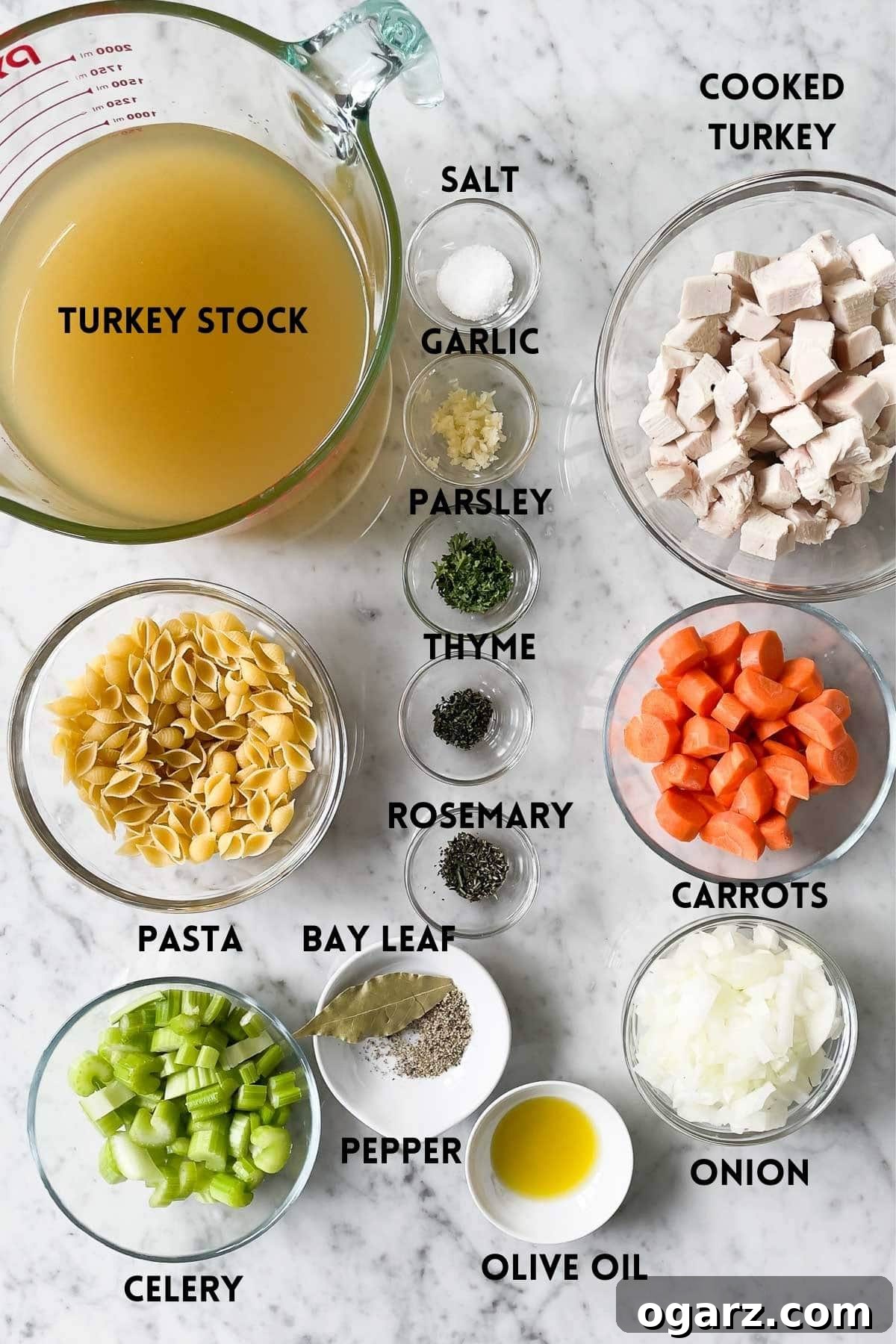 Ingredients for turkey soup in small bowls