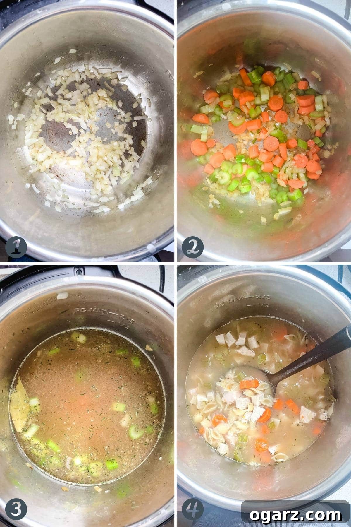 collage of four images showing the steps for making turkey soup