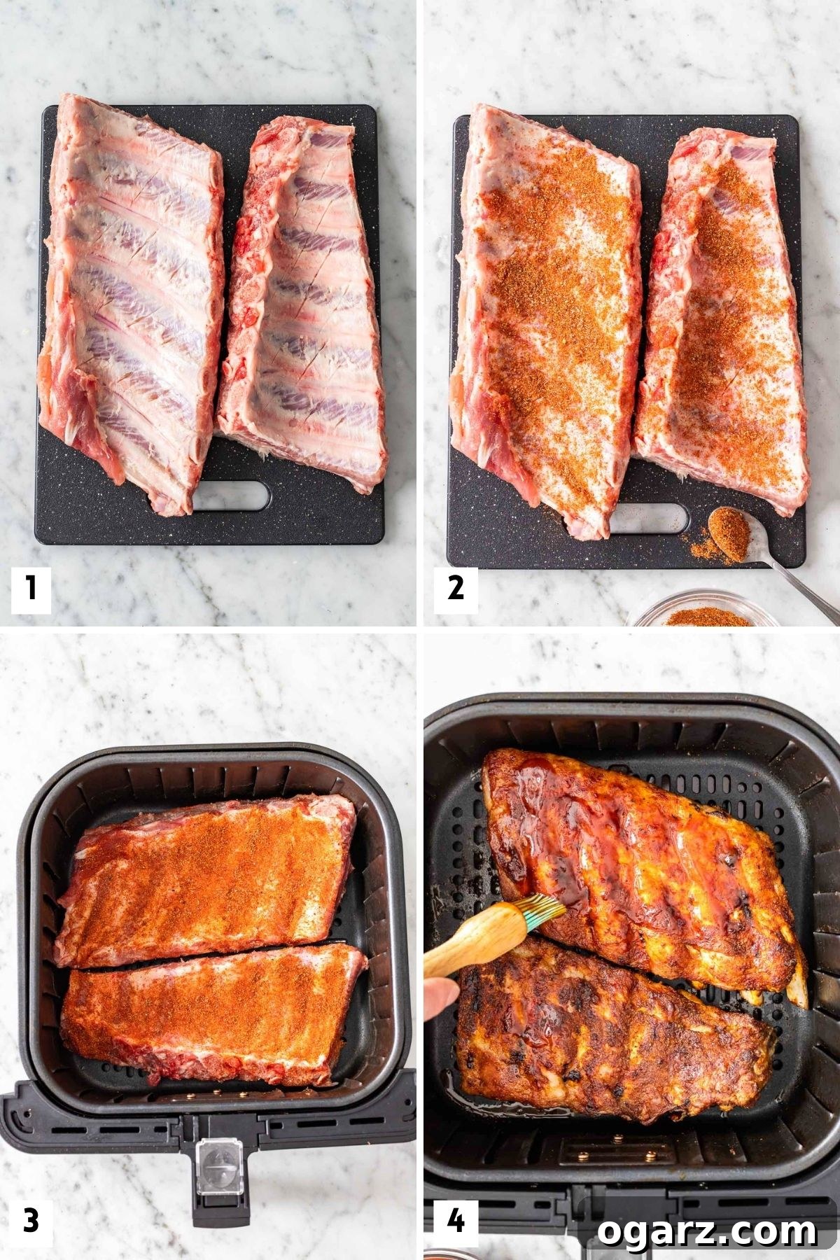 Perfect Air Fryer Ribs 4 Steps for making ribs in an air fryer.