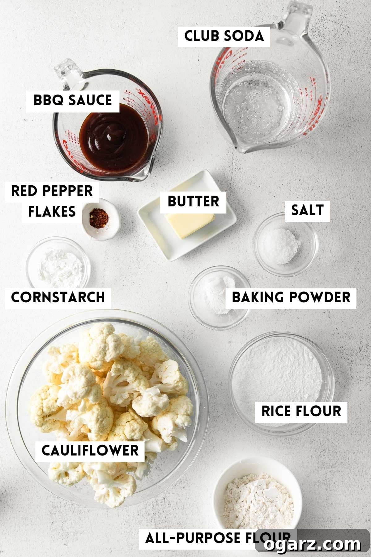Crispy Air Fryer Cauliflower Bites 3 Individual ingredients for Air Fryer Cauliflower Wings, neatly arranged in small bowls.