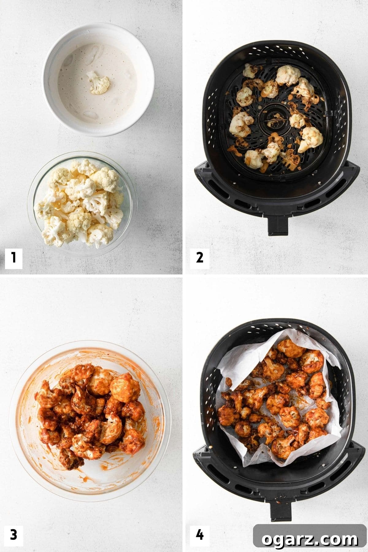 Crispy Air Fryer Cauliflower Bites 4 A visual step-by-step guide showing the process of making Air Fryer Cauliflower Wings.