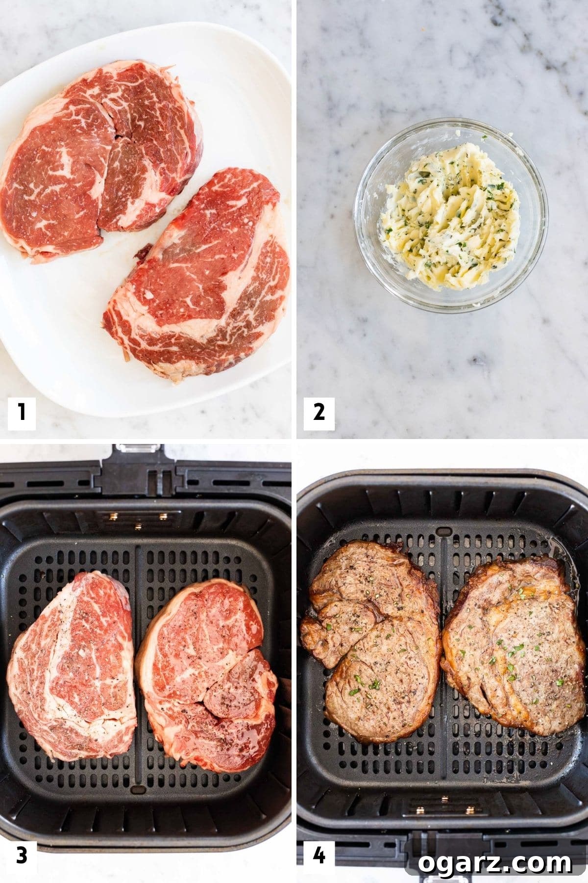 Steps for making steak with garlic butter in the air fryer, showing raw steak, seasoned steak, and cooked steak.