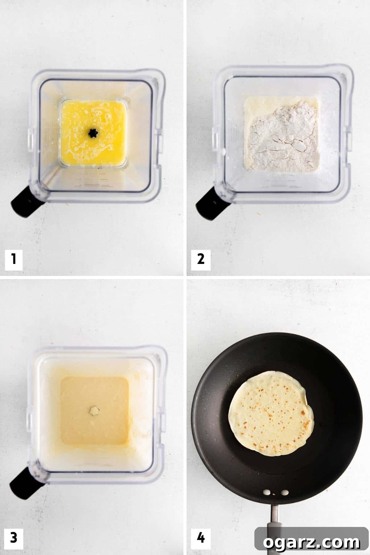 Effortless French Crepes 4 Sequential steps for making French crepes, from batter preparation to cooking