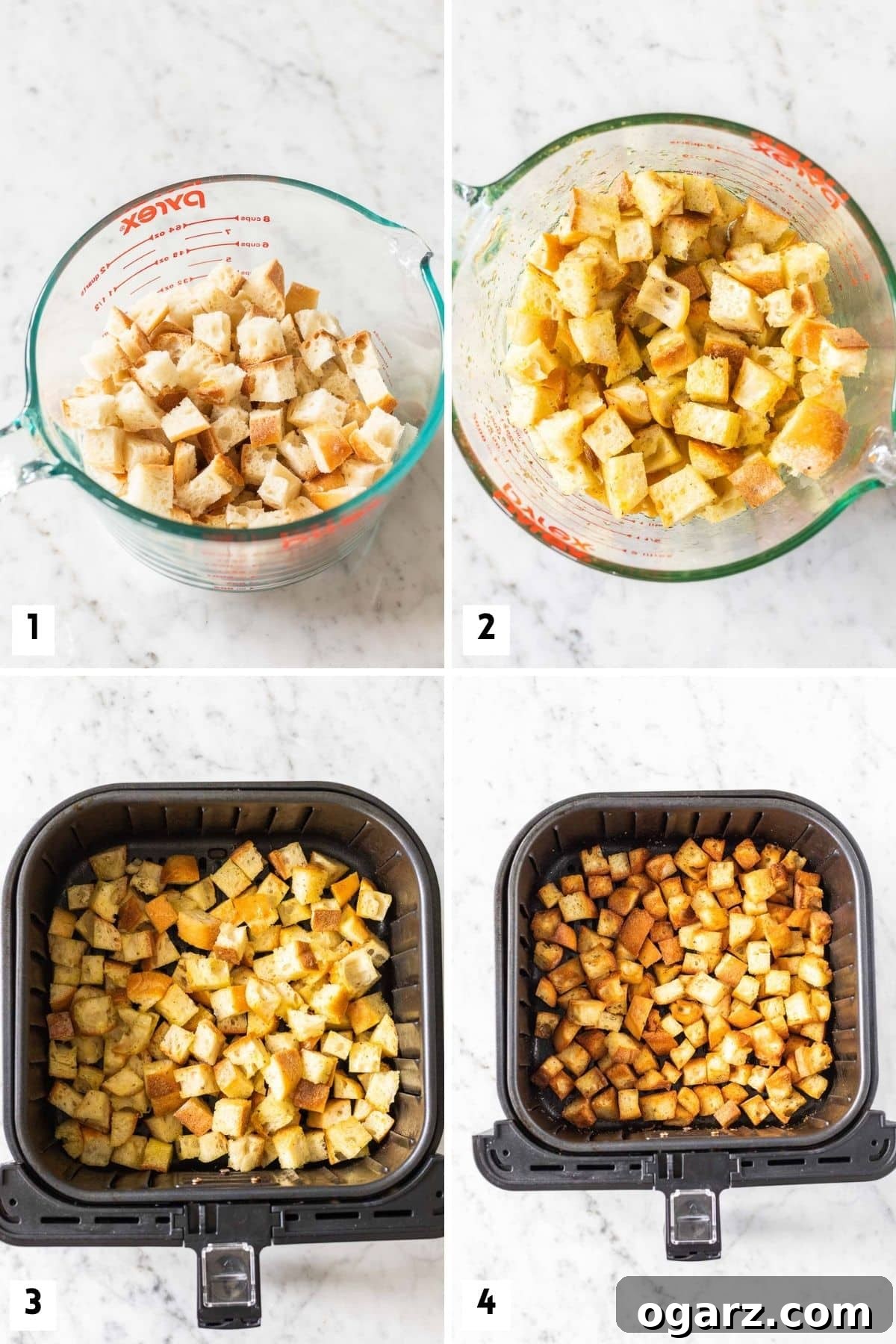 Crispy Air Fryer Croutons 4 A visual step-by-step guide showing how to prepare and air fry croutons, from cubing bread to tossing with seasoning and air frying.