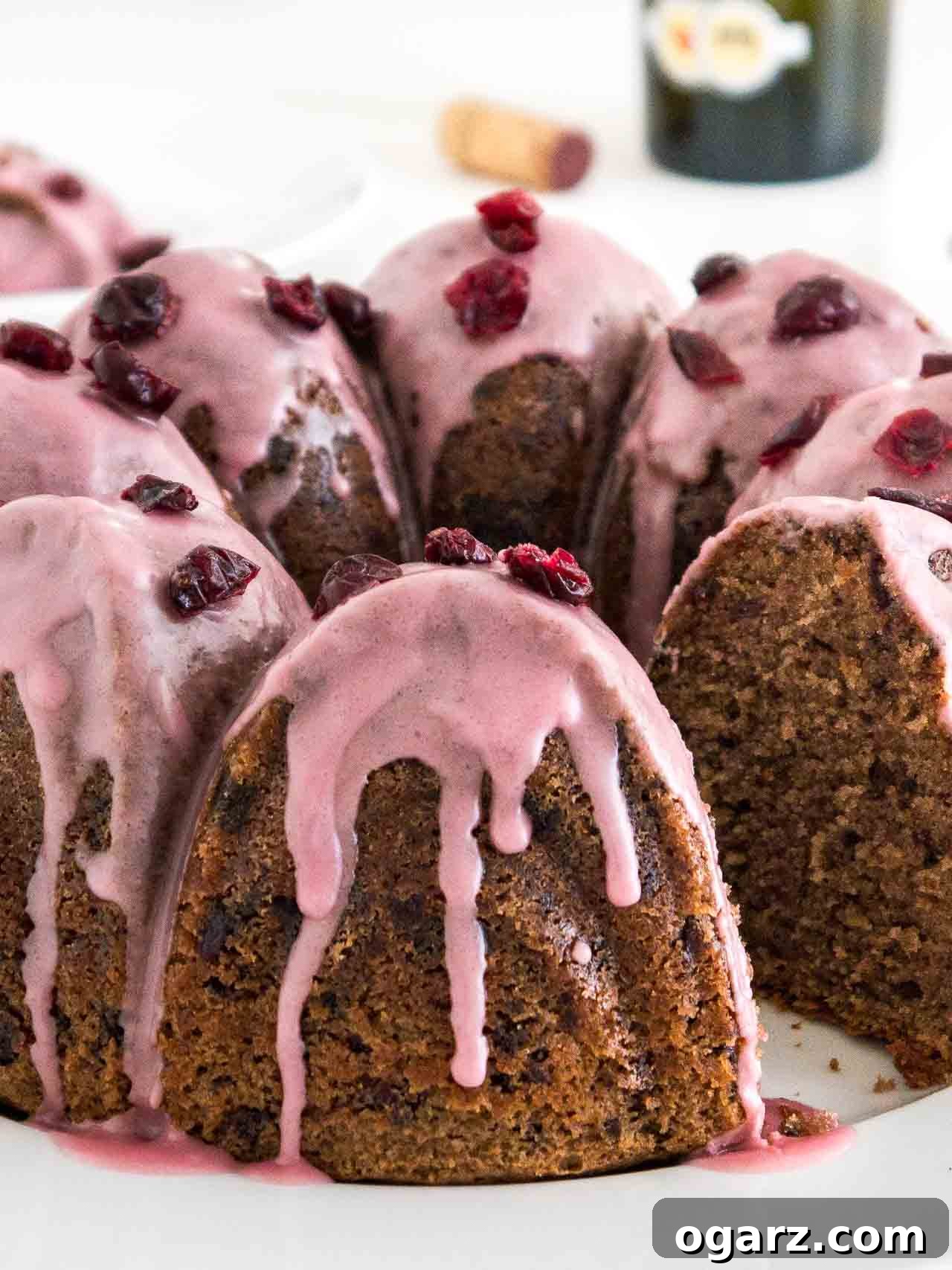 Chocolate Cranberry Bliss 3 Close-up of a chocolate cranberry bundt cake with pink frosting, garnished with dried cranberries on a white plate. A piece of the cake has been cut out.