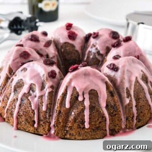 A chocolate cranberry bundt cake with pink frosting, garnished with dried cranberries on a white plate. In the background, there's a stainless steel sugar bowl and a wine opener.