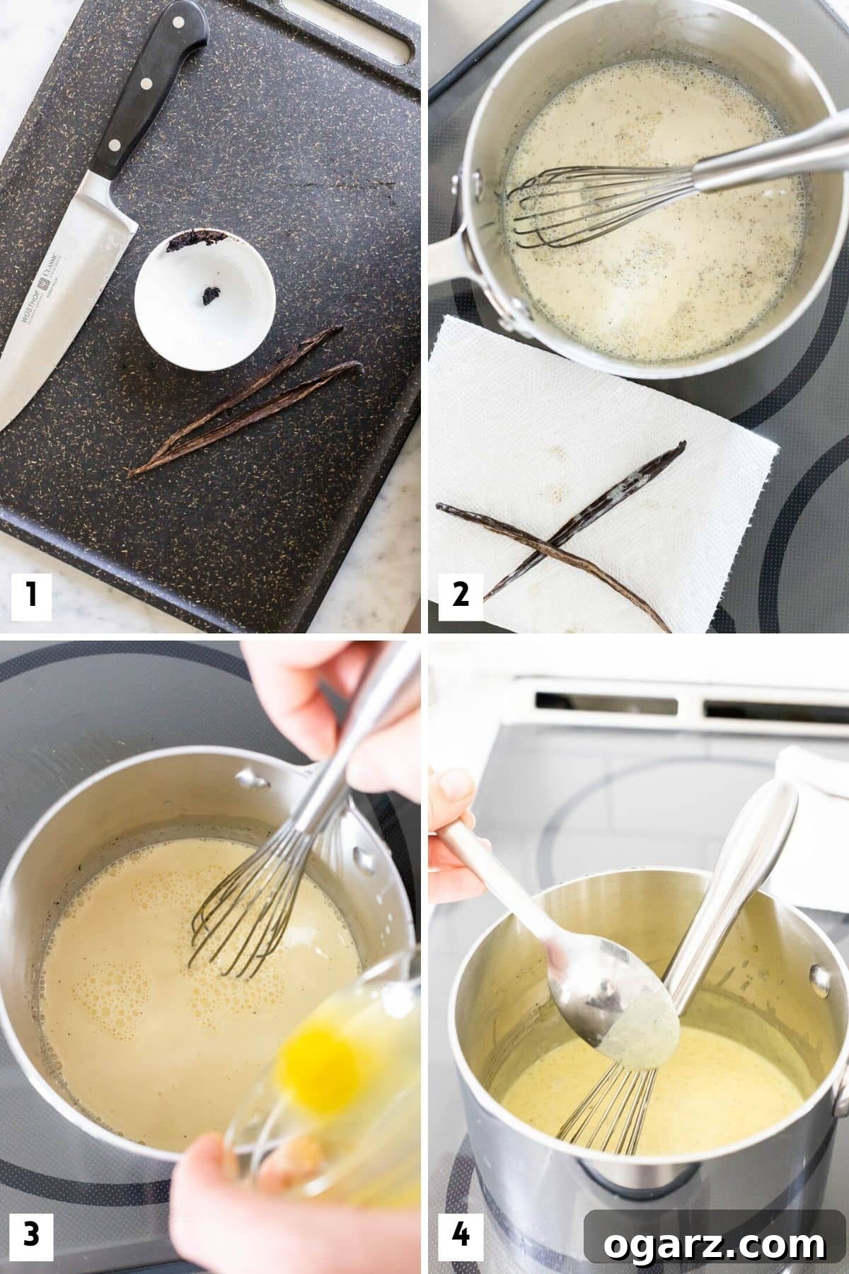 Silken Vanilla Crème 4 A visual step-by-step guide illustrating the process of making homemade vanilla sauce in a kitchen setting.