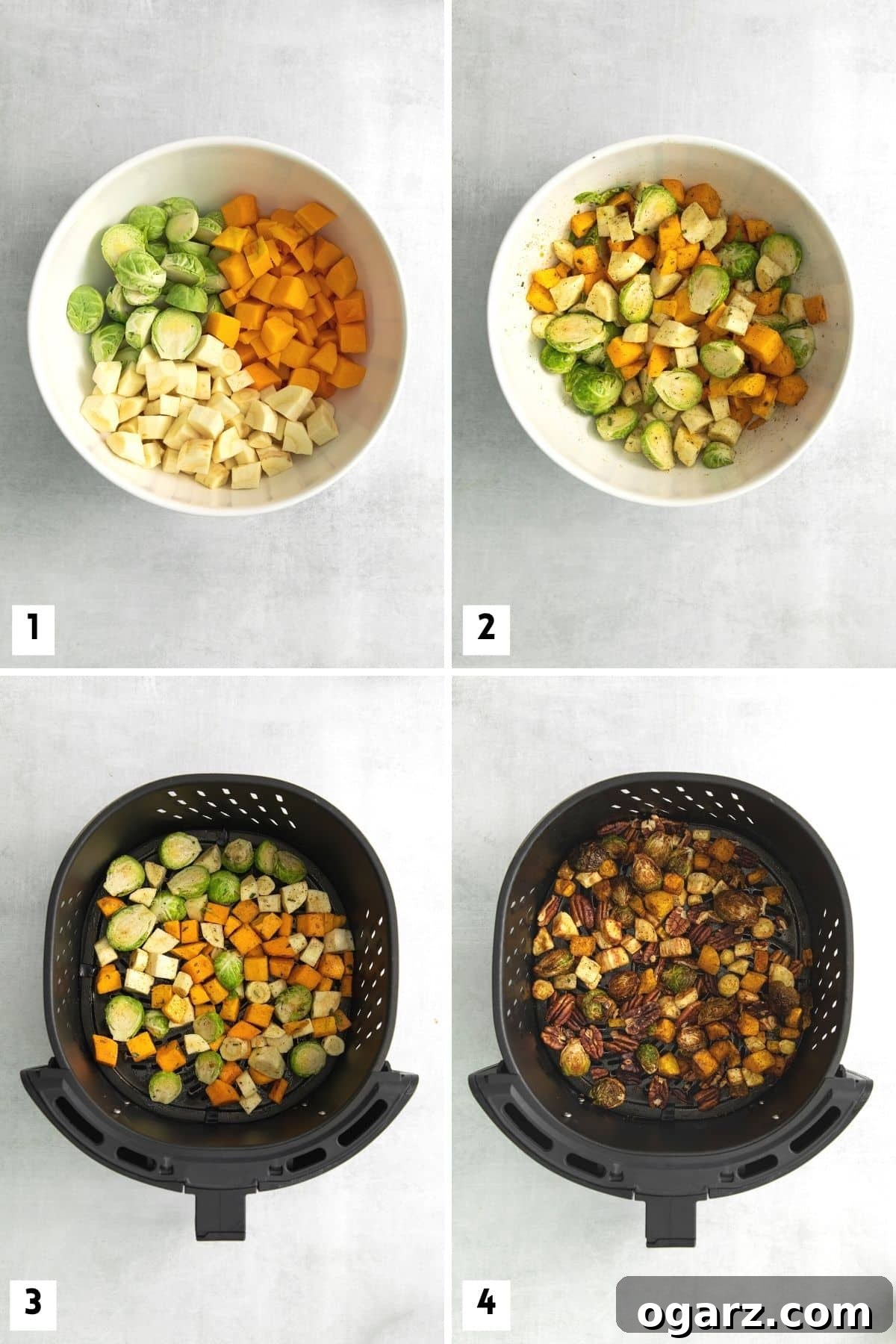 Golden Crispy Air Fryer Vegetables 4 A sequence of four images showing the steps for preparing roasted vegetables in the Air Fryer: combining ingredients, seasoning, placing in the air fryer basket, and adding pecans.