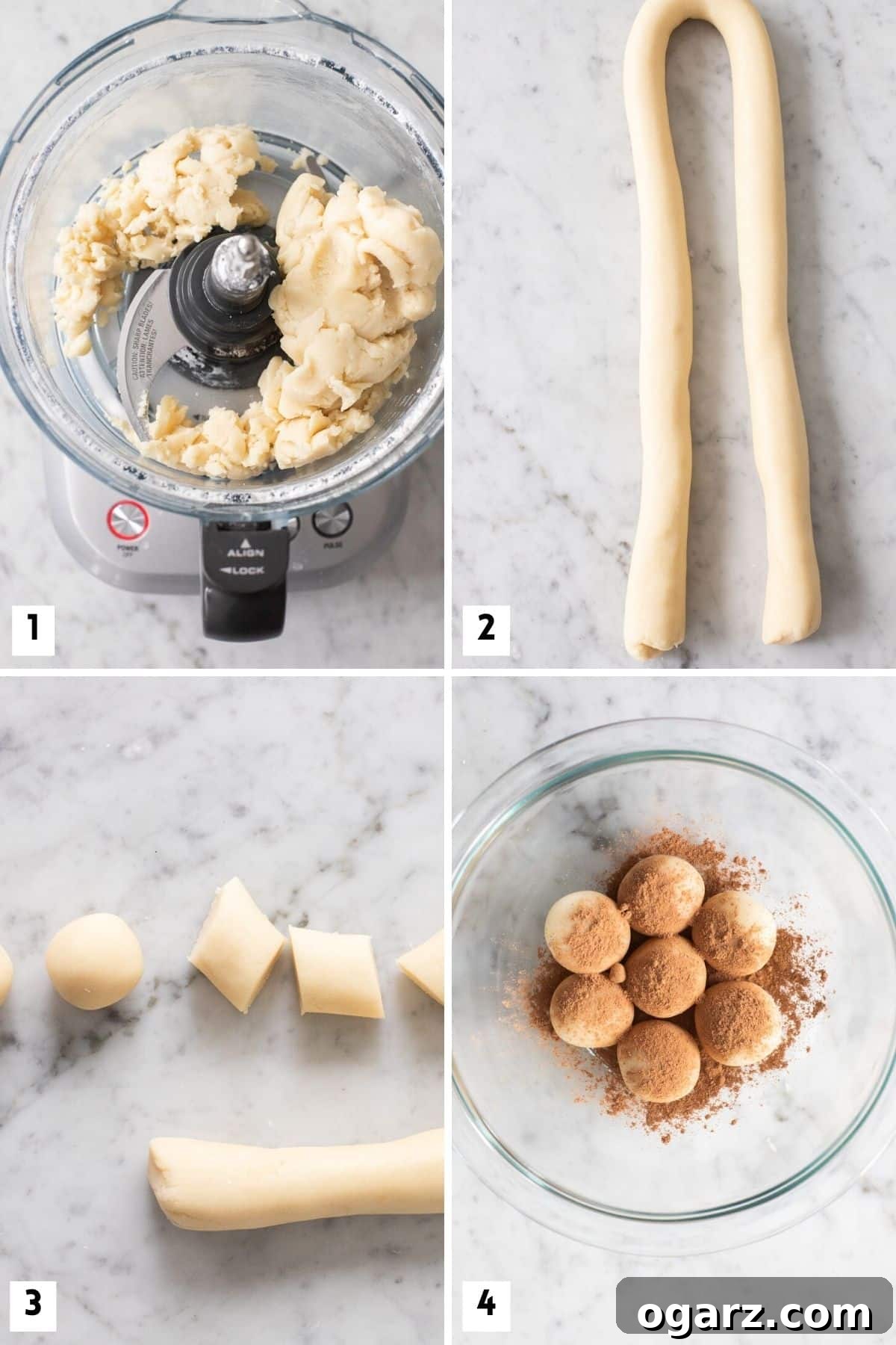 Marzipan Potato Treats 4 Step-by-step photos for making German marzipan candy, from combining ingredients to dusting with cocoa.