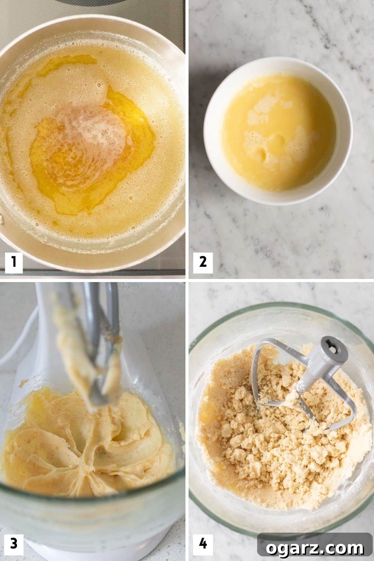 Heathland Crumbles 4 Collage of step-by-step images showing the process of making Heidesand cookies, from browning butter to mixing dough.