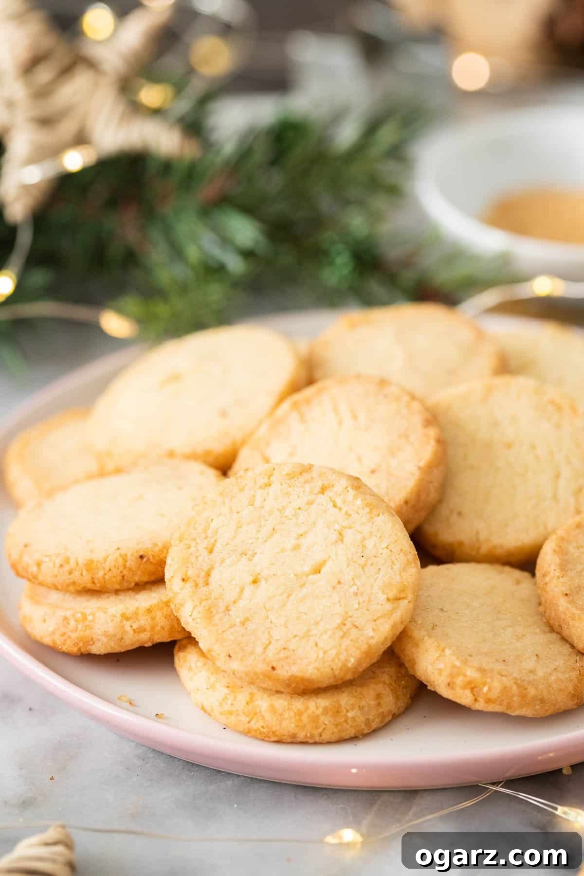 Heathland Crumbles 6 Delicate shortbread cookies artfully arranged on a small white plate, illuminated by the warm glow of string lights, creating a cozy festive atmosphere.
