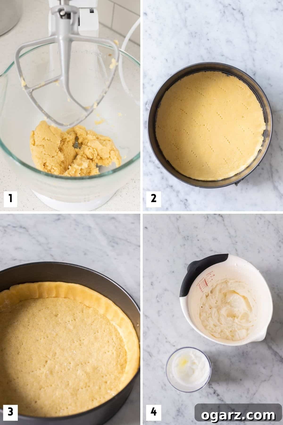 Käsekuchen: The German Cheesecake 4 A visual guide depicting the sequential steps involved in preparing a traditional German Cheesecake, from mixing to initial baking stages.