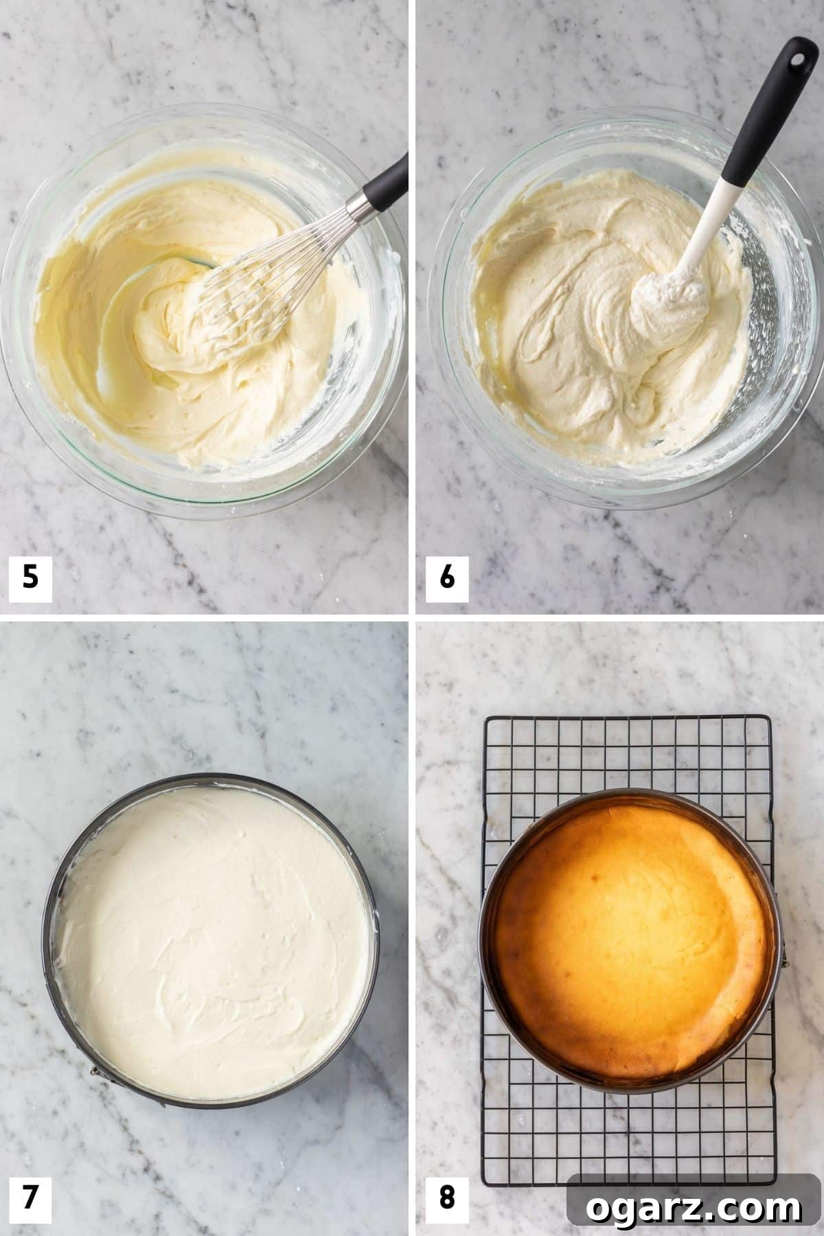 Käsekuchen: The German Cheesecake 5 Further photographic steps illustrating the process of making a German cheesecake, detailing the filling preparation and final assembly before baking.