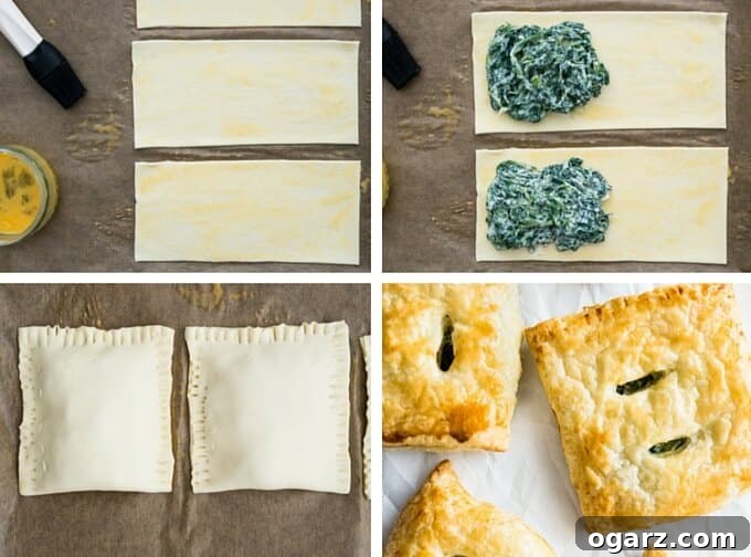 Spinach Ricotta Puff Pastry Pockets 6 A top-down view of several Spinach & Ricotta Puff Pastry Parcels, highlighting their golden texture and enticing appearance on a rustic surface.