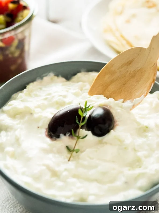Close-up of a slate grey bowl of Tzatziki, with to black olives and a sprig of thyme with a wooden spoon in it on a white dishtowel. There's a white plate of tortillas and a weck jar of greek salad in the background.