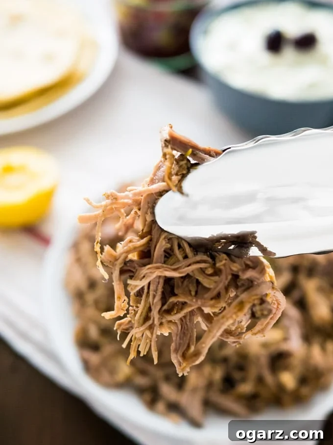 Mediterranean Slow Cooker Pulled Pork Gyros 3 Close-up of freshly made Slow Cooker Pulled Pork Gyros, showing its tender texture and rich color.