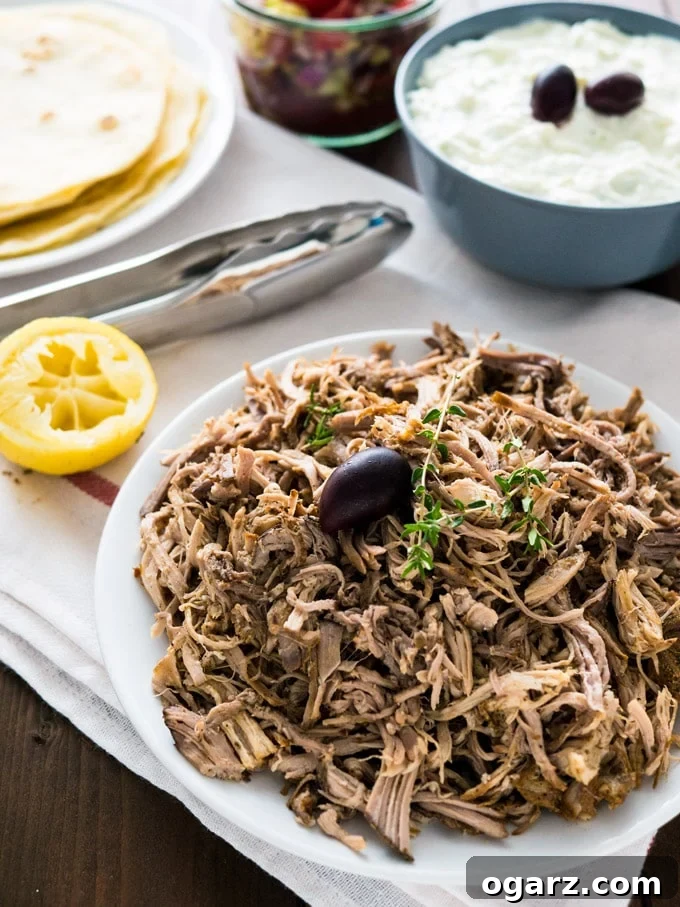 Mediterranean Slow Cooker Pulled Pork Gyros 6 Beautifully presented Slow Cooker Pulled Pork Gyros with a side of fresh toppings and tzatziki for a complete meal.