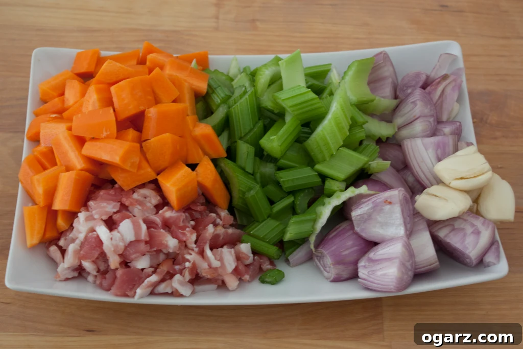 Effortless Coq au Vin Classic 3 Fresh ingredients chopped and ready for Coq au Vin preparation