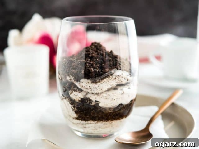 Oreo Dream Cheesecake Cups 7 A final close-up shot of a single No Bake Oreo Cheesecake Parfait, perfectly crafted with visible layers, crowned with Oreo crumbles, and presented in a clear glass on a grey plate with a bronze spoon.