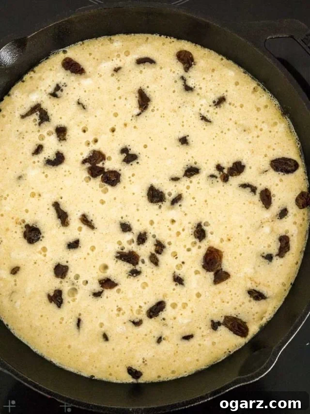 Kaiserschmarrn (Scrambled Pancakes) is an Austrian dessert that's also very popular in Bavaria! A sweet fluffy pancake made with rum-soaked raisins is torn into bite-sized pieces, caramelized, and served sprinkled with powdered sugar, applesauce, and preserves. This easy dessert recipe also tastes great for brunch and is loved by kids and adults alike! #Pancakes #DessertRecipes #Kaiserschmarrn #GermanRecipes #ComfortFood Pancake batter with raisins in a lodge pan.