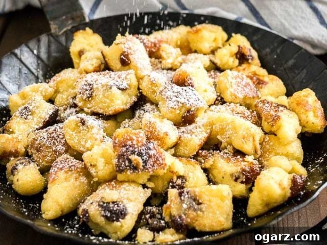 Kaiserschmarrn (Scrambled Pancakes) is an Austrian dessert that's also very popular in Bavaria! A sweet fluffy pancake made with rum-soaked raisins is torn into bite-sized pieces, caramelized, and served sprinkled with powdered sugar, applesauce, and preserves. This easy dessert recipe also tastes great for brunch and is loved by kids and adults alike! #Pancakes #DessertRecipes #Kaiserschmarrn #GermanRecipes #ComfortFood Close-up of a pan with Kaiserschmarrn with powdered sugar on top on a white and blue dish towel with a white bowl of apple sauce in the background