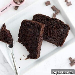 Top-down shot of a rectangular white plate of two slices of double chocolate chip bread. A fork has taken a piece out and it's lying next to it and there's a pink measuring spoon next to the plate.