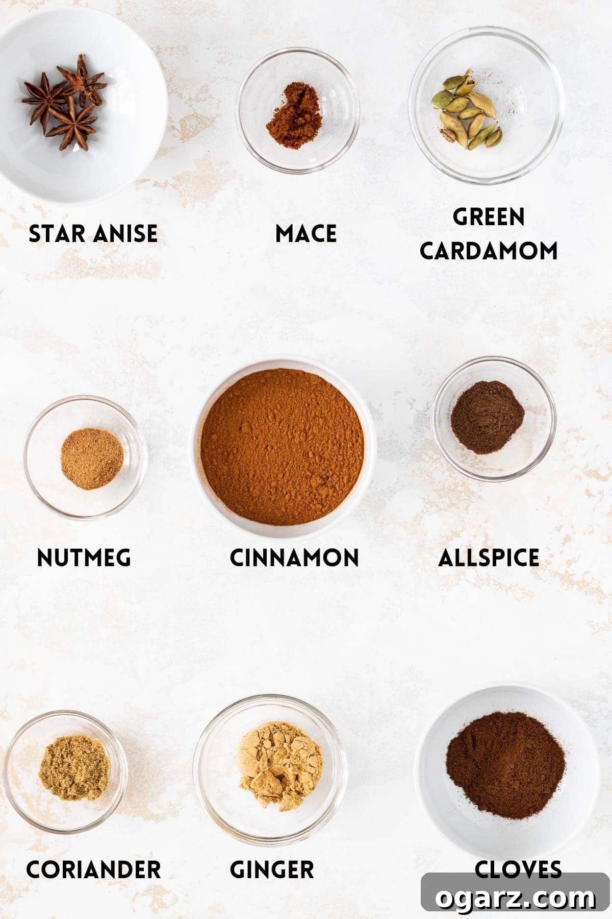 Yuletide Gingerbread Blend 3 Ingredients needed for gingerbread spice mix in small white and glass bowls.