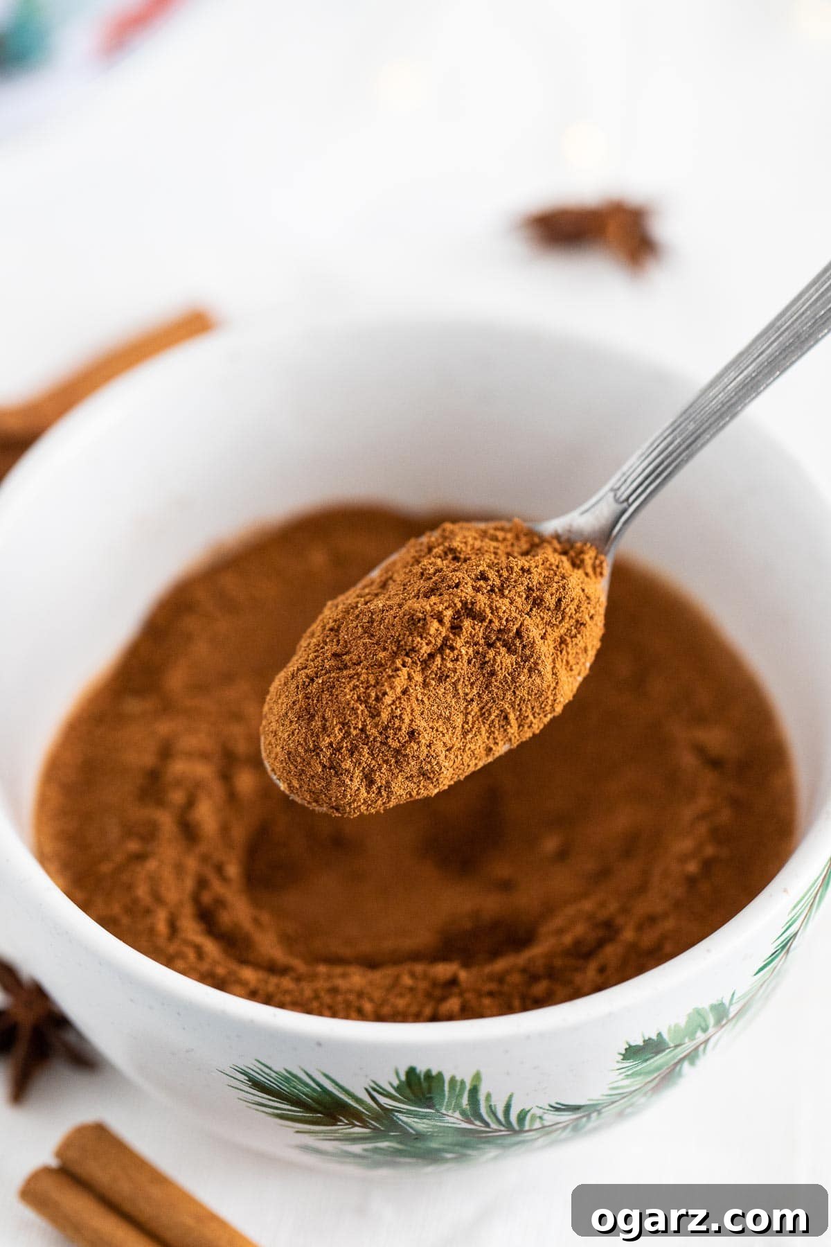 Yuletide Gingerbread Blend 5 A spoon lifting out some spice mix out of a white bowl, next to it some cinnamon sticks.
