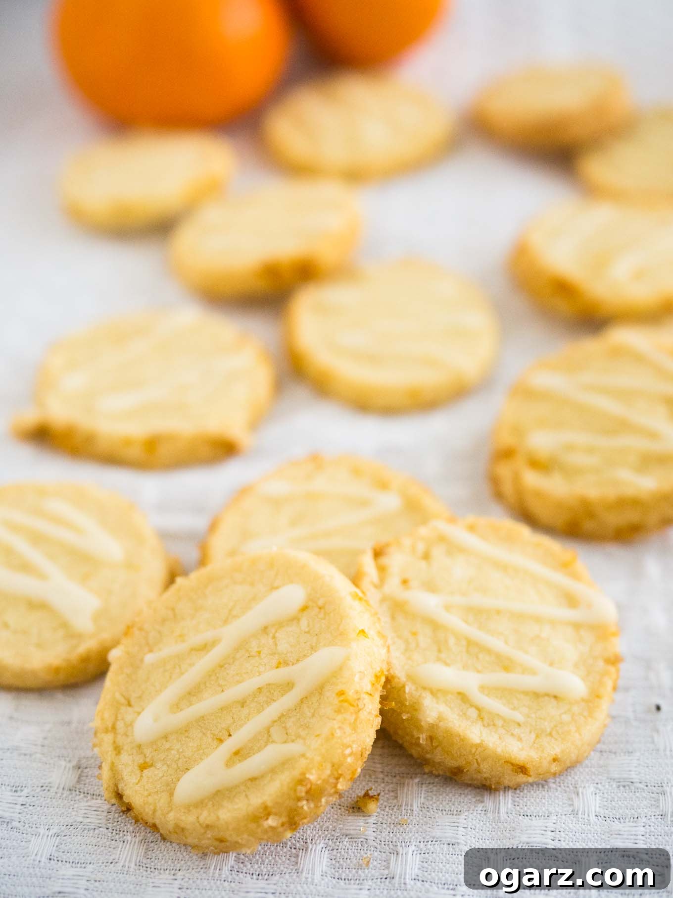 Close-up of freshly baked Slice & Bake Orange Almond Cookies arranged beautifully