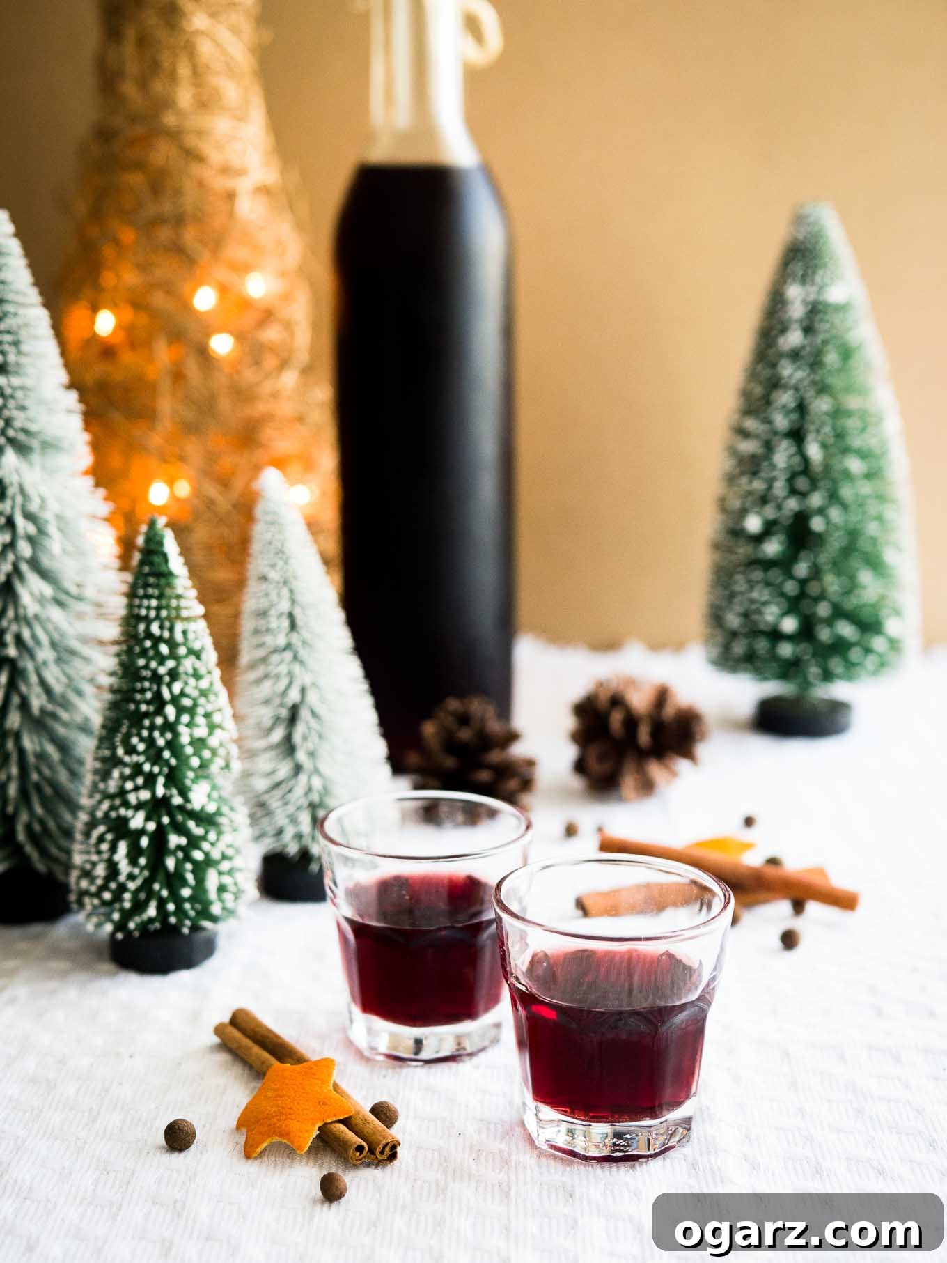 Glasses of homemade mulled wine liqueur, garnished with festive spices and orange slices.