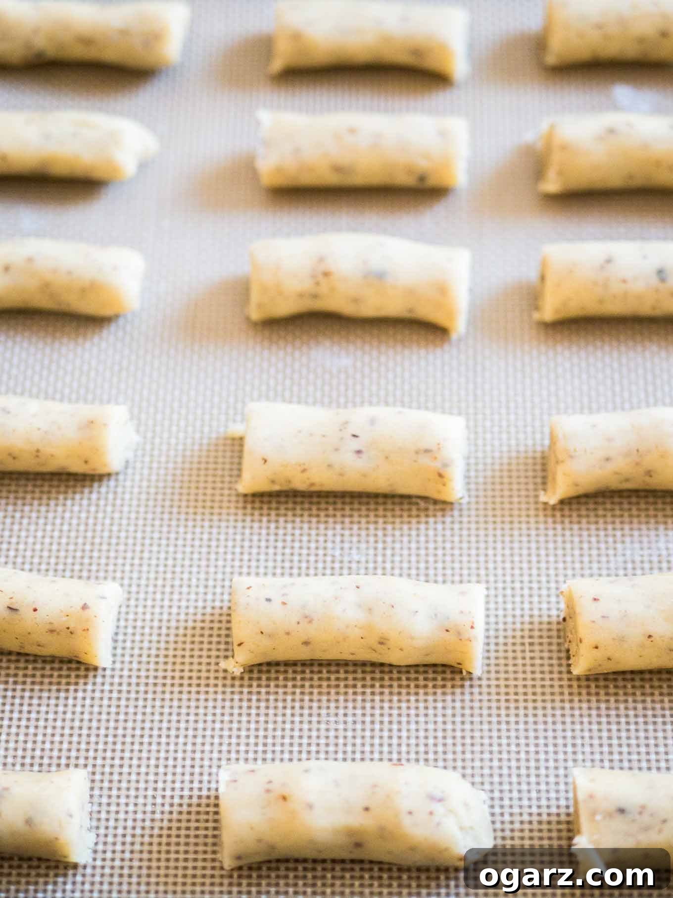 Maple Hazelnut Cookie Bliss 3 Freshly rolled maple hazelnut cookie dough, divided into logs, resting on a baking sheet before chilling.