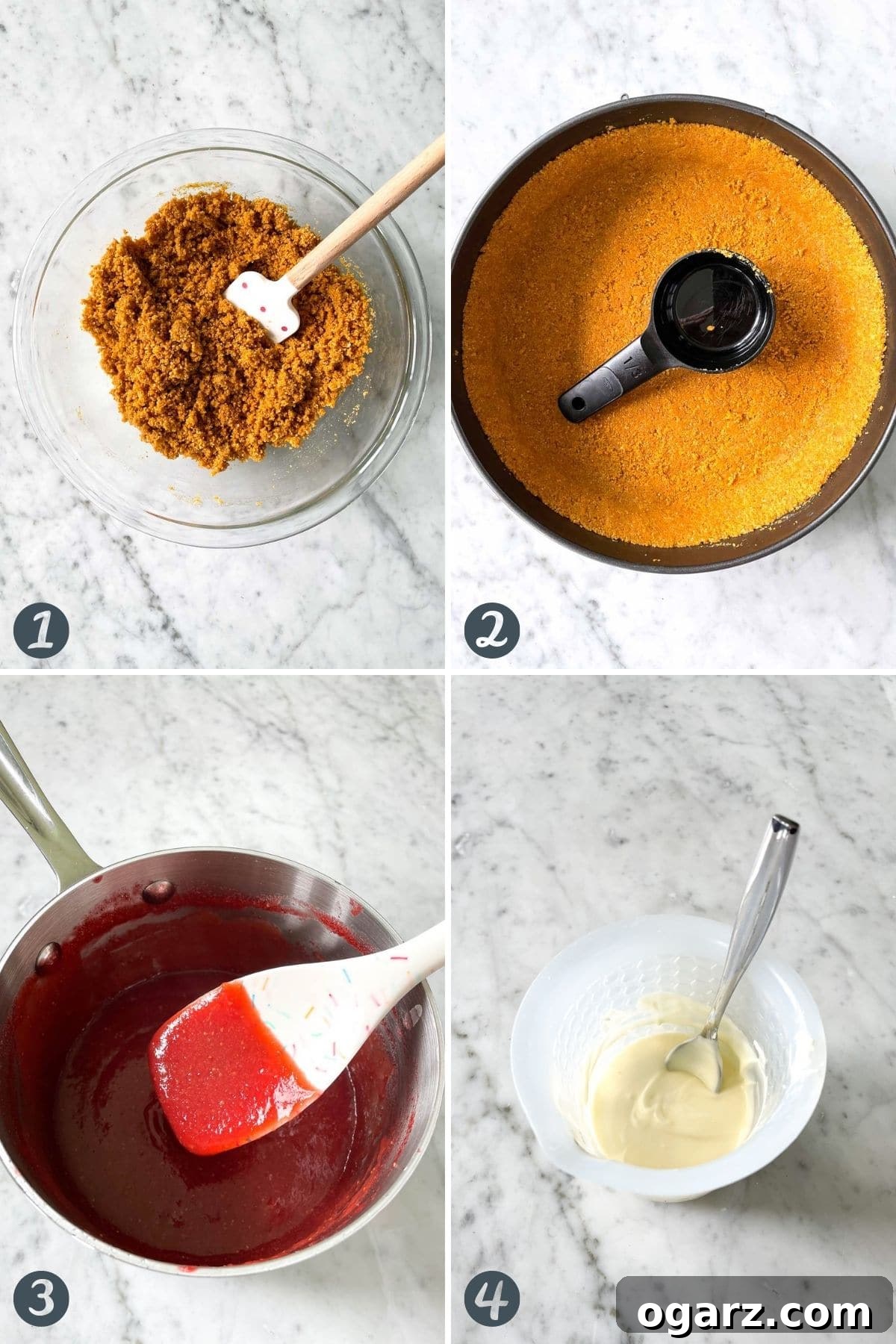 Effortless Strawberry Cheesecake Bliss 4 Step-by-step photos illustrating the crust preparation and strawberry purée for the cheesecake.