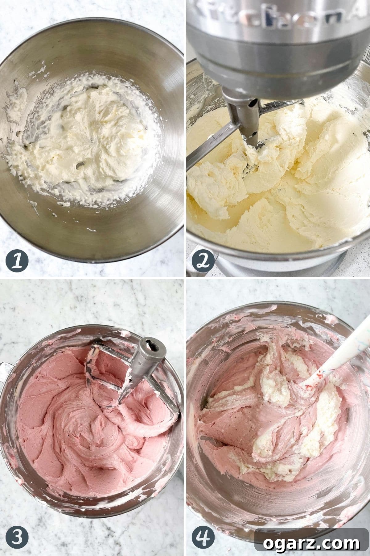 Effortless Strawberry Cheesecake Bliss 5 Visual steps demonstrating how to prepare the creamy cheesecake filling with strawberry purée.