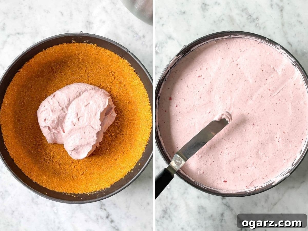 Effortless Strawberry Cheesecake Bliss 6 A chilled graham cracker crust and a dollop of cheesecake filling next to a fully prepared no-bake strawberry cheesecake.