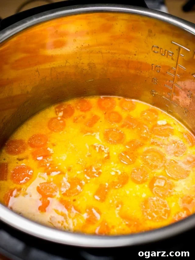 Creamy Instant Pot Carrot Soup 4 An open Instant Pot reveals chunky, bright orange carrots simmering in a savory broth, ready to be blended into a smooth and creamy Instant Pot Carrot Soup.
