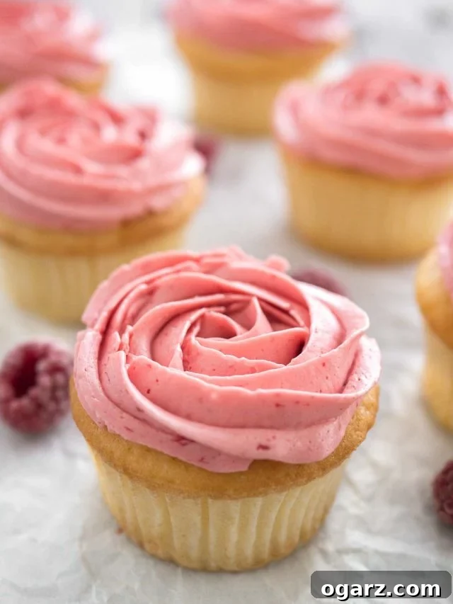 Raspberry lemon cupcakes with pink raspberry frosting next to some raspberries.