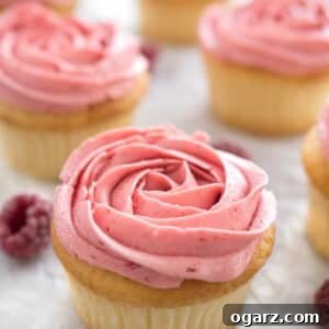 Raspberry lemon cupcakes with pink raspberry frosting next to some raspberries.