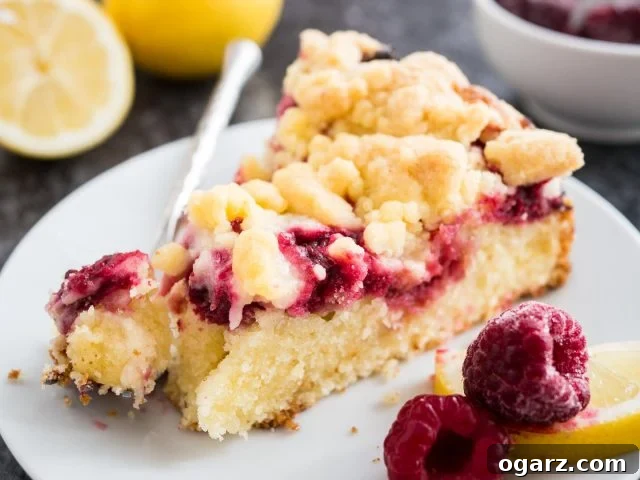 Effortless Lemon Raspberry Delight 6 A slice of lemon raspberry cake with streusel topping on a white plate with a fork with a small piece of the cake on it, garnished with lemon and raspberries.