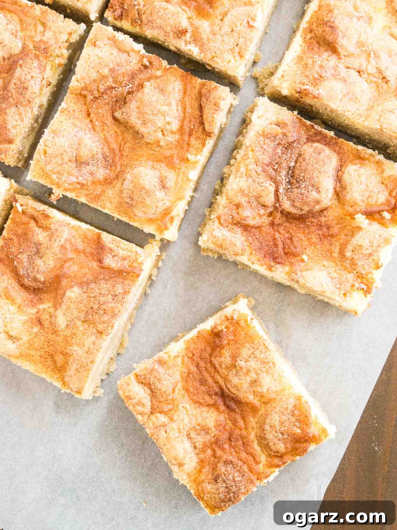 Cinnamon Sugar Snickerdoodle Cheesecake Bars 4 Top-down shot of some snickerdoodle cheesecake bars sitting on parchment paper, highlighting their perfect layers and cinnamon sugar topping.