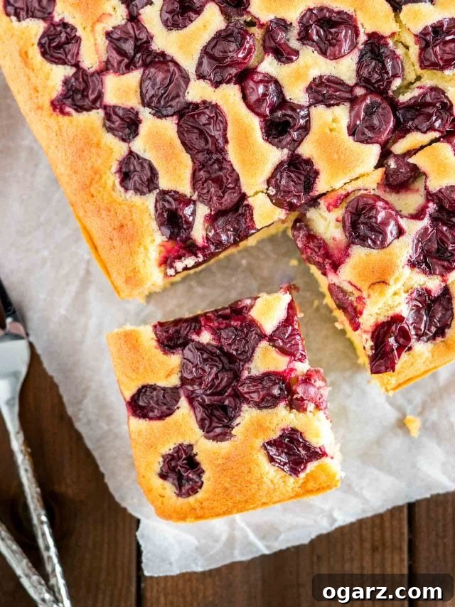 Cherry Cake with sour cherries and vanilla is a simple snack cake that tastes delicious and is so easy to make in less than 10 minutes. Perfect for surprise guests and dessert cravings! #cherrycake #cherries #cake #coffeecake #easyrecipes #baking Top-down shot of cherry cake with a square cut out and placed at an angle on some parchment with a fork.