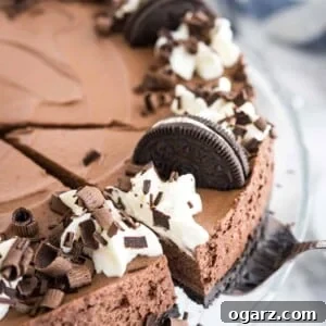A slice of chocolate mousse cake being removed from the cake.