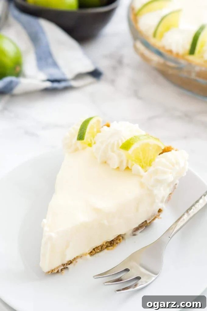 Tangy No-Bake Key Lime Pie 3 A single slice of No-Bake Key Lime Pie served on a small white plate with a fork, showcasing its creamy texture and golden crust.