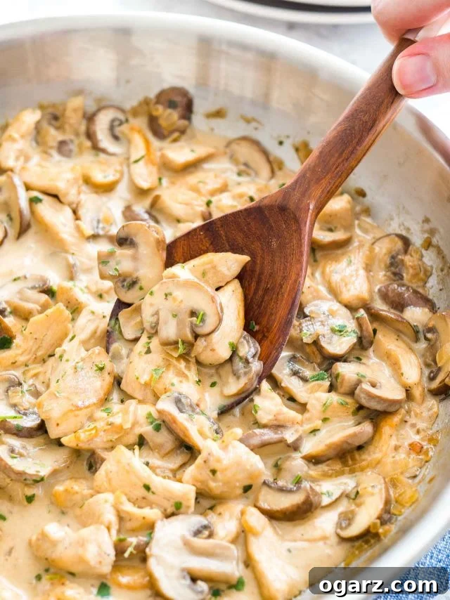 Close-up of Creamy Chicken Mushroom Pasta sauce with cream in a stainless steel pan, with a wooden cooking spoon in it. The dish is inviting and rich.