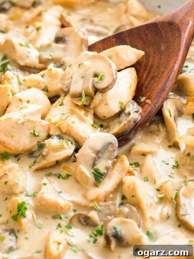 Close-up of Mushroom Chicken Pasta sauce with cream with a wooden cooking spoon in it, showcasing the rich, thick sauce.