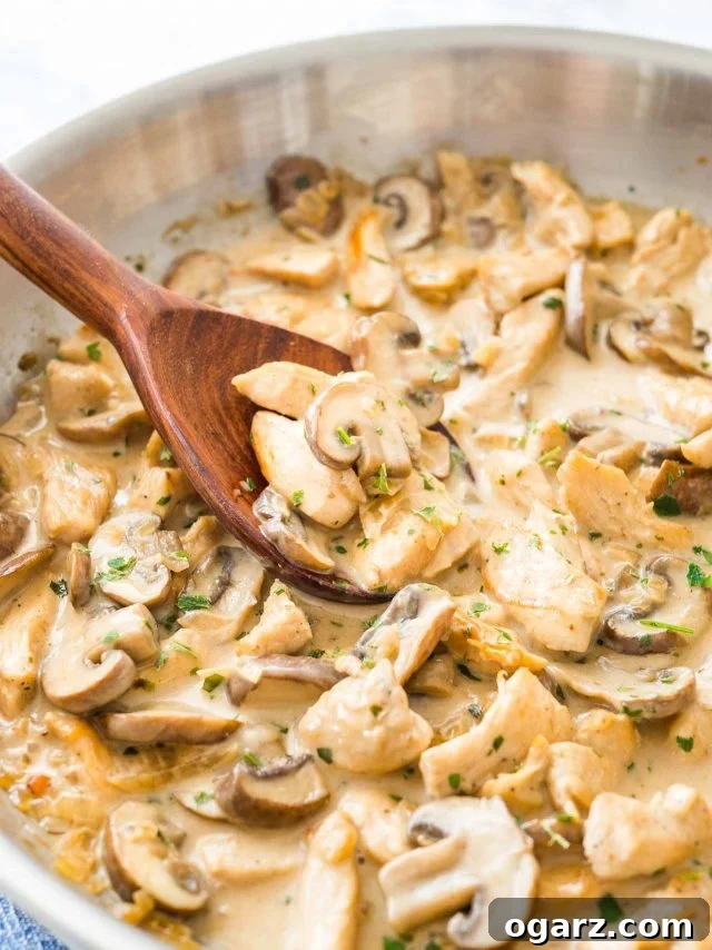 Mushroom Chicken Pasta sauce with cream in a stainless steel pan, with a wooden cooking spoon in it, garnished with fresh parsley.