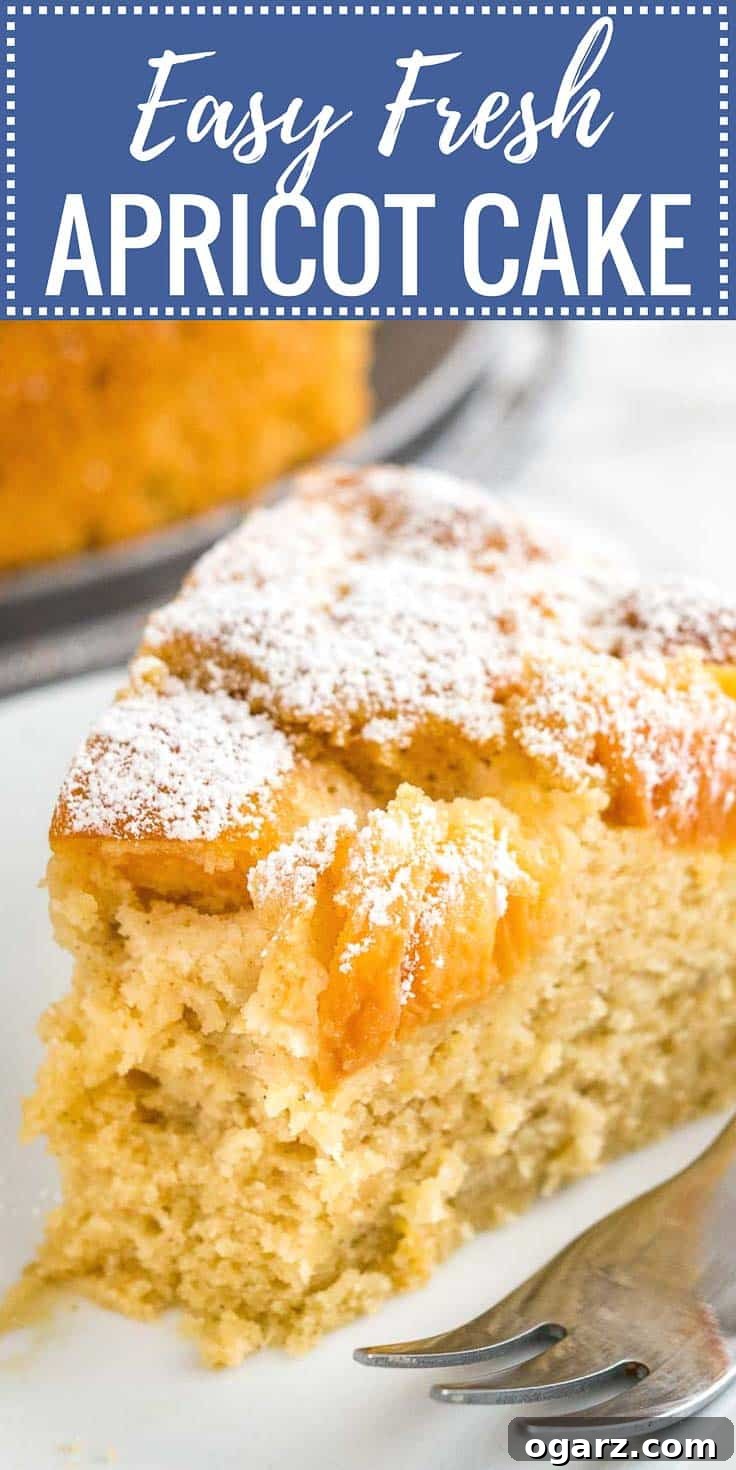 Golden Apricot Delight 7 Image with text: easy fresh apricot cake, image: Close-up of a slice of apricot cake on a white plate with a fork. The rest of the cake is in the background next to a white and blue dishtowel.