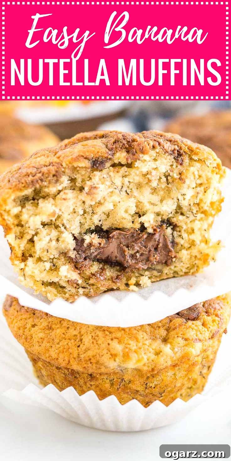 Pinterest graphic featuring text: easy banana Nutella muffins, accompanied by a close-up image of two perfectly baked banana Nutella muffins, stacked on a white plate with more muffins and a Nutella jar in the background. A bite is taken from the top muffin.
