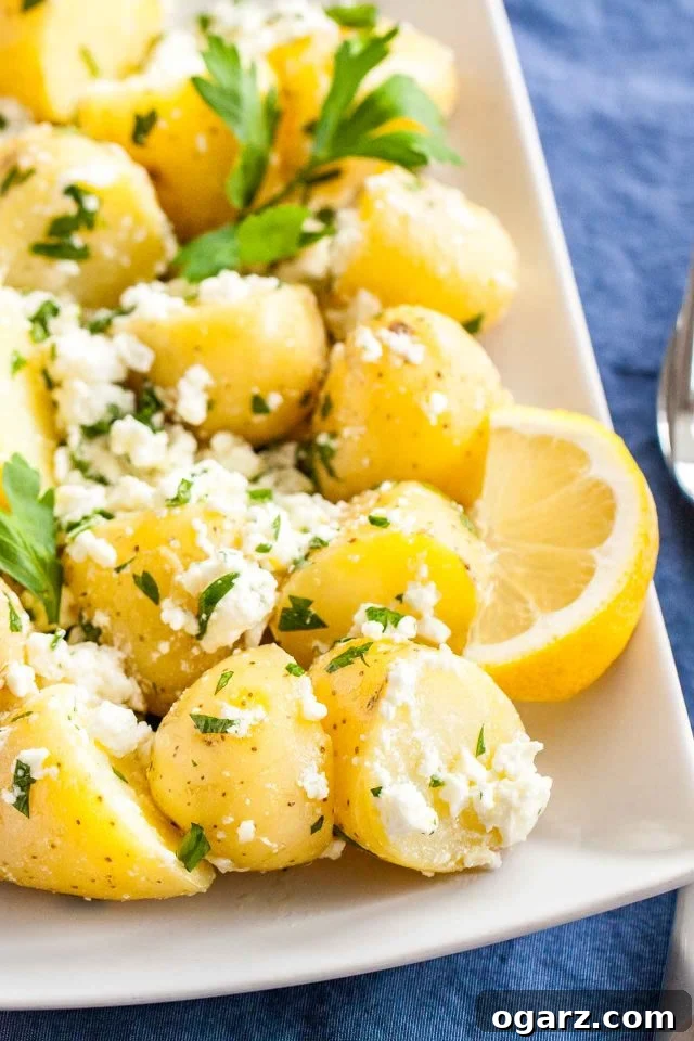 A rectangular plate showcasing vibrant Greek-Style Boiled Potatoes topped with crumbled feta and fresh parsley, accompanied by a lemon wedge on a rustic blue surface with a serving spoon.