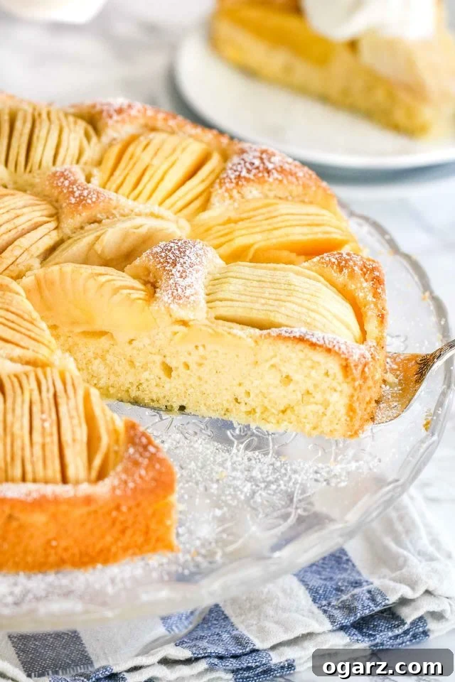 A cake with quartered apples sunken into the top on a glass serving platter, garnished with powdered sugar.