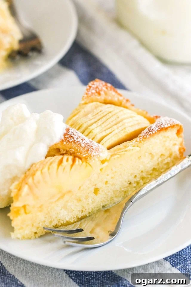 A slice of German Apple Cake with apple quarters sunken into the top on a white plate, served with whipped cream and a fork.